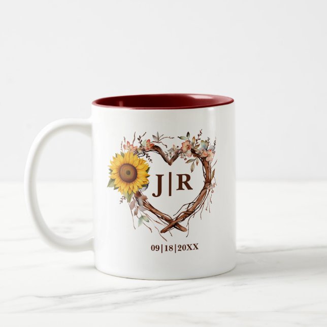 Tasse 2 Couleurs Tournesol rustique Monogramme Mariage Branche card (Gauche)