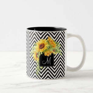 Tasse 2 Couleurs Tournesols et bandes Chevron avec monogramme