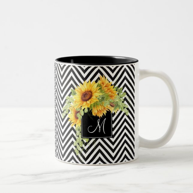 Tasse 2 Couleurs Tournesols et rayures Chevron avec Monogramme (Droit)