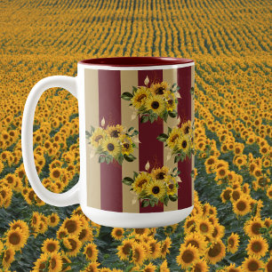 Tasse 2 Couleurs Tournesols jaunes et rayures bordeaux et dorées