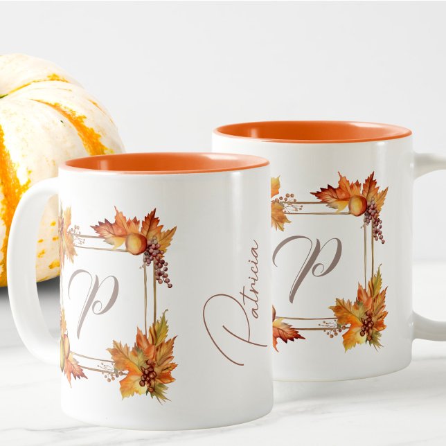 Tasse 2 Couleurs Toutes Les Lettres Boho Automne Moderne Feuilles M (Créateur téléchargé)
