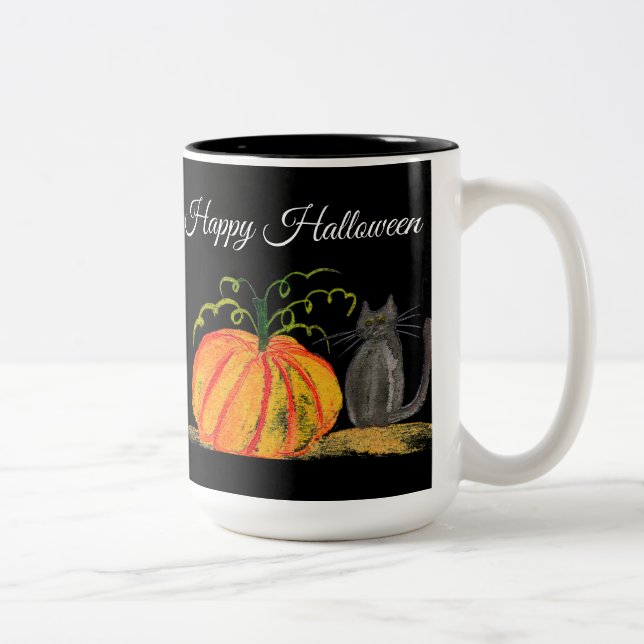 Tasse 2 Couleurs Trace ou traitement Halloween Citrouille Chat Cute (Droit)