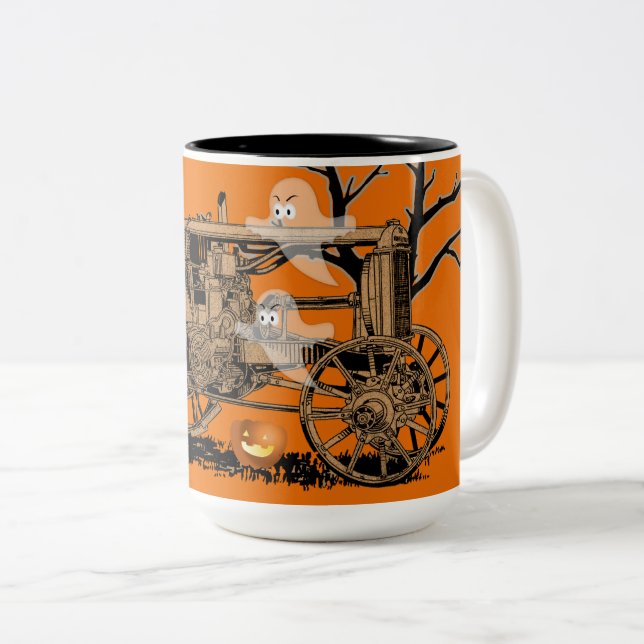 TASSE 2 COULEURS TRACTEUR AGRICOLE ANTIQUE HALLOWEEN GHOST FERME CI (Devant droit)