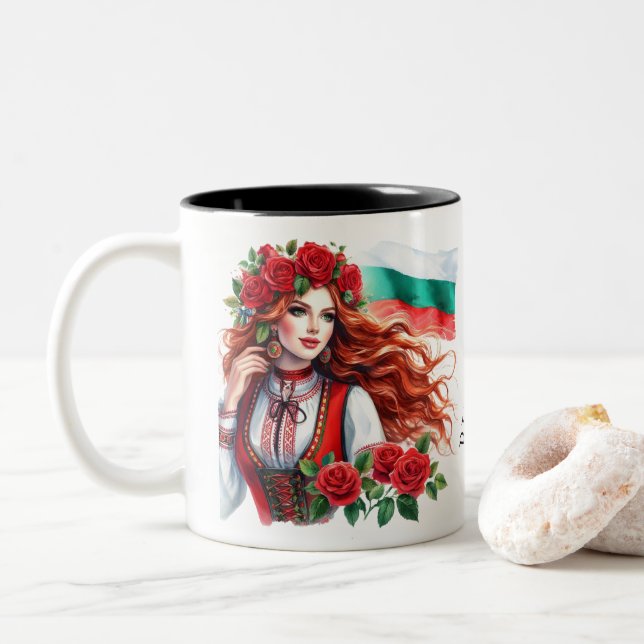 Tasse 2 Couleurs Tradition du drapeau bulgare Folklore Femme Roses  (Avec donut)