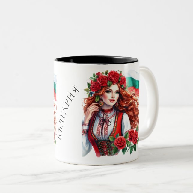 Tasse 2 Couleurs Tradition du drapeau bulgare Folklore Femme Roses  (Devant droit)