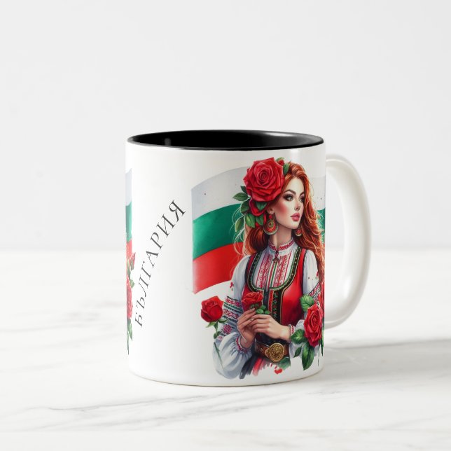 Tasse 2 Couleurs Tradition du drapeau bulgare Folklore Femme Roses  (Devant droit)