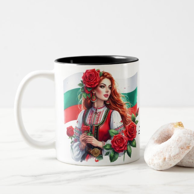 Tasse 2 Couleurs Tradition du drapeau bulgare Folklore Femme Roses  (Avec donut)