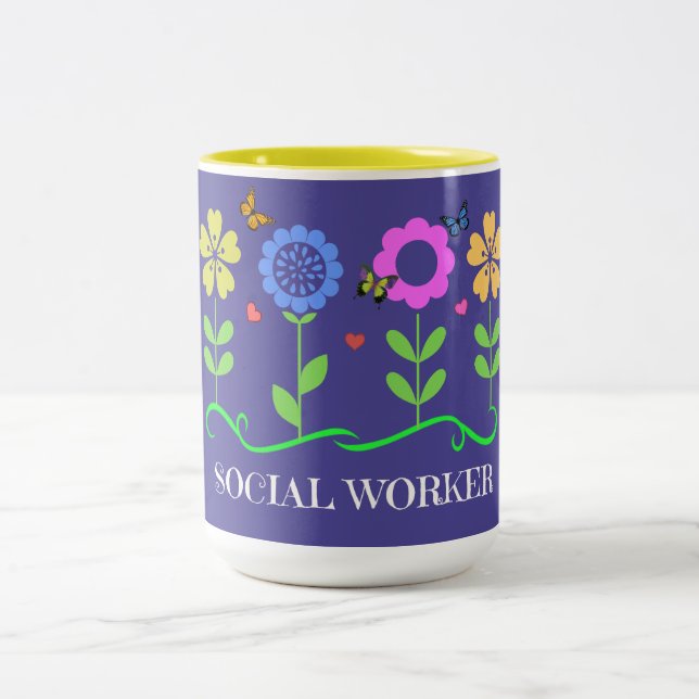 Tasse 2 Couleurs "Travailleur social", Fleurs de printemps graphiqu (Centre)