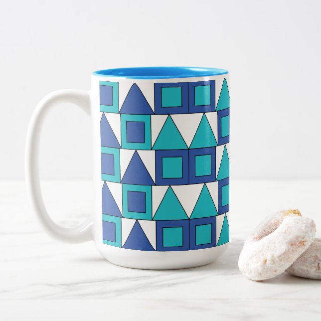 Tasse 2 Couleurs Triangle Carré bleu turquoise géométrique (Avec donut)