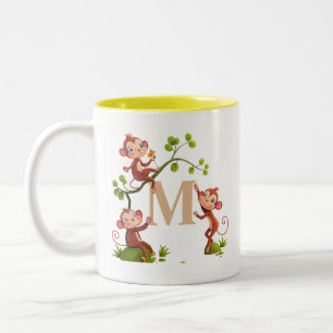 Tasse 2 Couleurs Trois mignons singes et une motte de monogramme