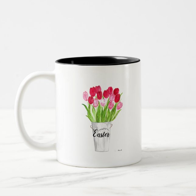 Tasse 2 Couleurs Tulipes Aquarelle rose Floral Joyeux Pâques (Gauche)