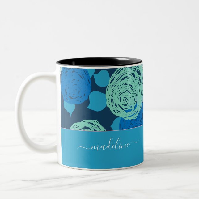 Tasse 2 Couleurs Turquoise Aqua Blue Roses Monogramme Nom personnal (Gauche)