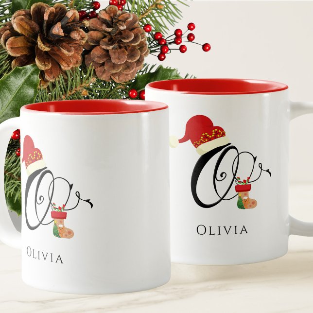 Tasse 2 Couleurs Typographie Élégante Nom Initiale Lettre O Noël (Créateur téléchargé)