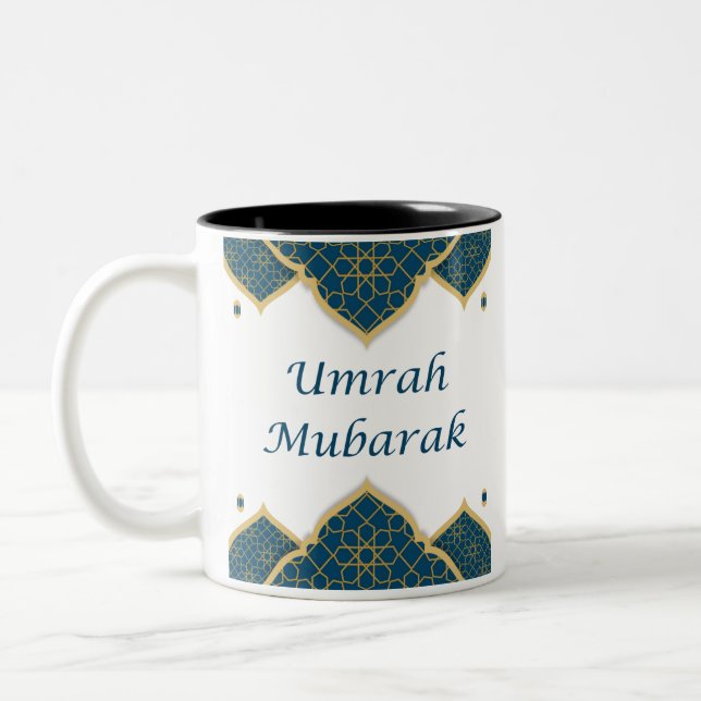 Tasse 2 Couleurs Umrah Moubarak islamique bleu et or en anglais (Gauche)