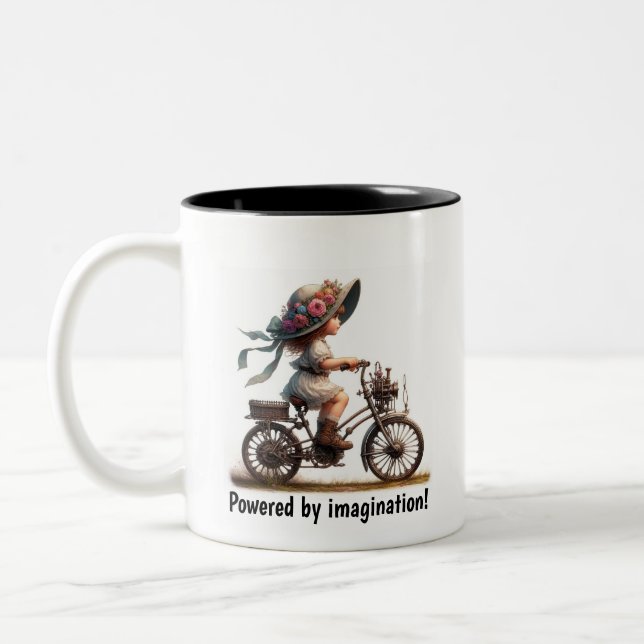 Tasse 2 Couleurs Un jeune enfant heureux à vélo à vapeur (Gauche)