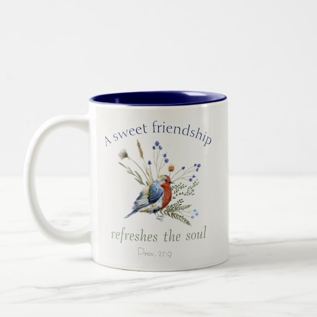 Tasse 2 Couleurs ‘Une douce amitié’ Bible Verse Aquarelle Oiseau (Gauche)