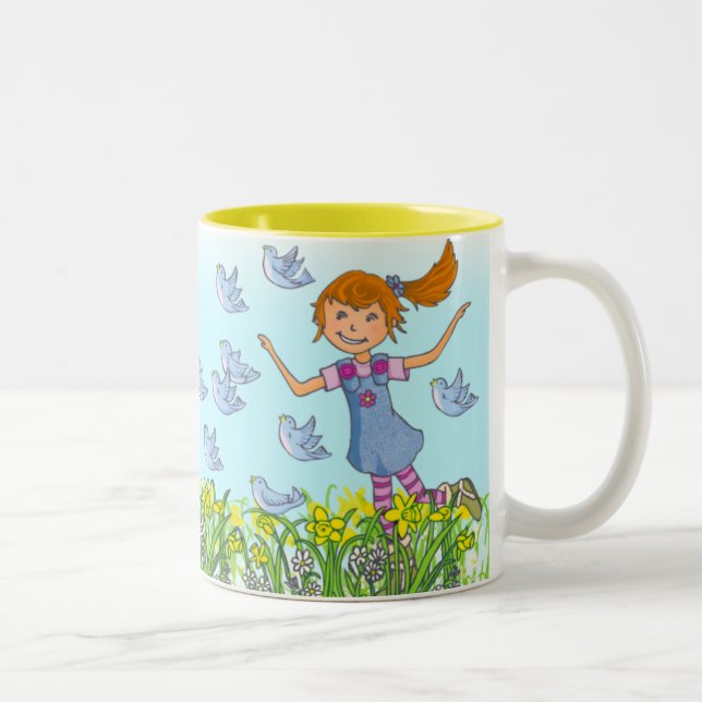 Tasse 2 Couleurs Une fille de printemps pourchassant des oiseaux ta (Droit)