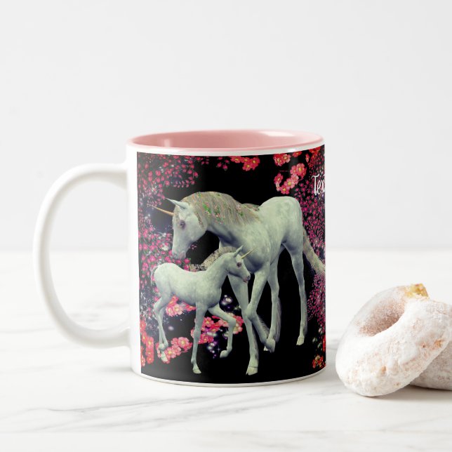 Tasse 2 Couleurs Unicorn Mare Et Imaginaire Foal Personnalisé (Avec donut)