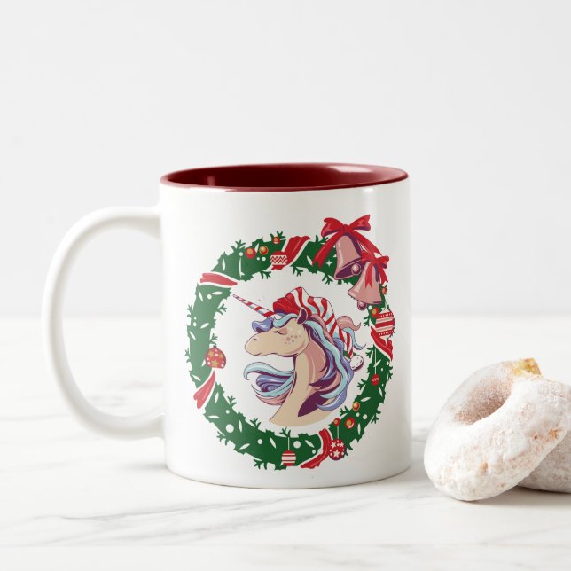 Tasse 2 Couleurs Unicorne magique de Noël (Avec donut)