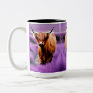 Tasse 2 Couleurs Vache belle Highland dans le champ Lavender