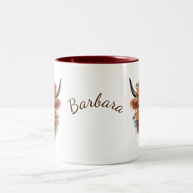 Tasse 2 Couleurs Vache boho Highland moderne avec fleurs (Centre)