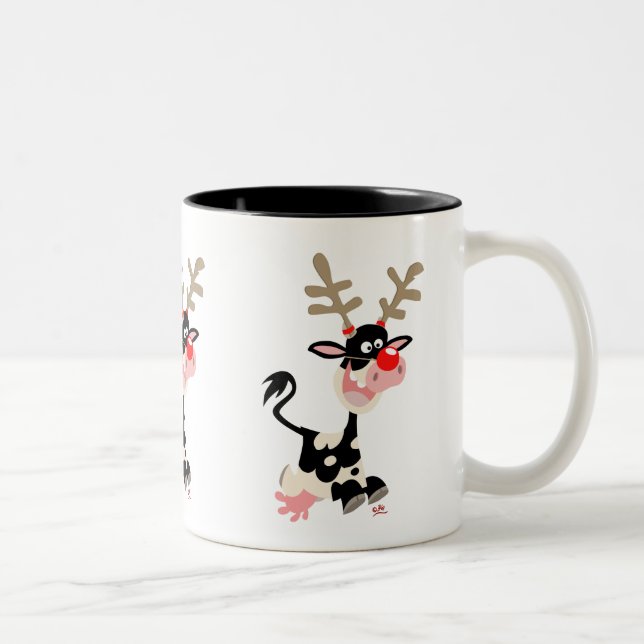 Tasse 2 Couleurs Vache en caricature mignonne se déguisant en renne (Droit)