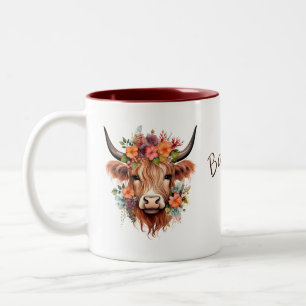 Tasse 2 Couleurs Vache Highland Fleurie Personnalisée Bohème Rust