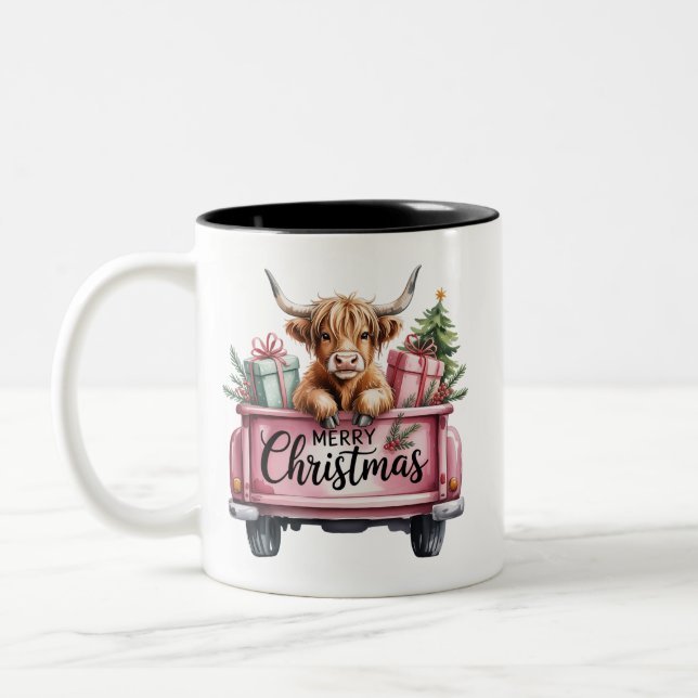 Tasse 2 Couleurs Vache Rose Highland Xmas Fille Fluffy Vache dans C (Gauche)