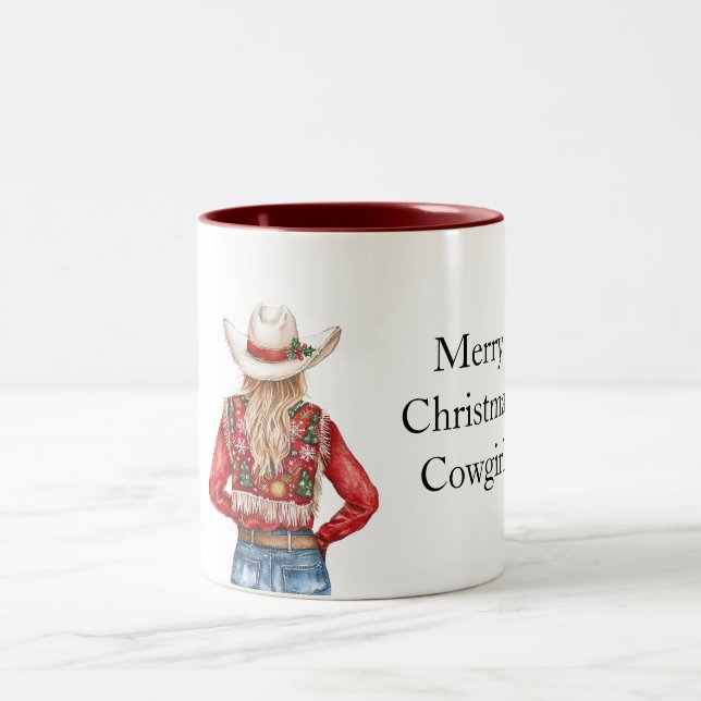 Tasse 2 Couleurs Vacheresse blonde de Noël rouge vert (Centre)