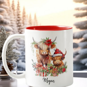 Tasse 2 Couleurs Vaches Highland Noël Noël Noël Noël Père Noël Chap