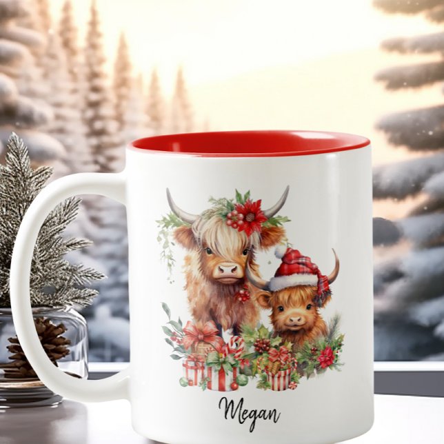 Tasse 2 Couleurs Vaches Highland Noël Noël Noël Noël Père Noël Chap (Créateur téléchargé)
