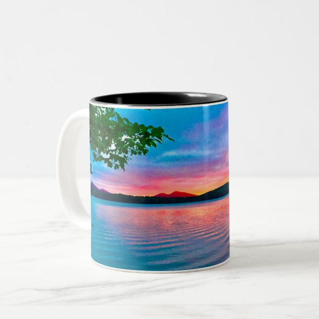 Tasse 2 Couleurs vaisselle, coucher de soleil sur le lac, (Devant gauche)