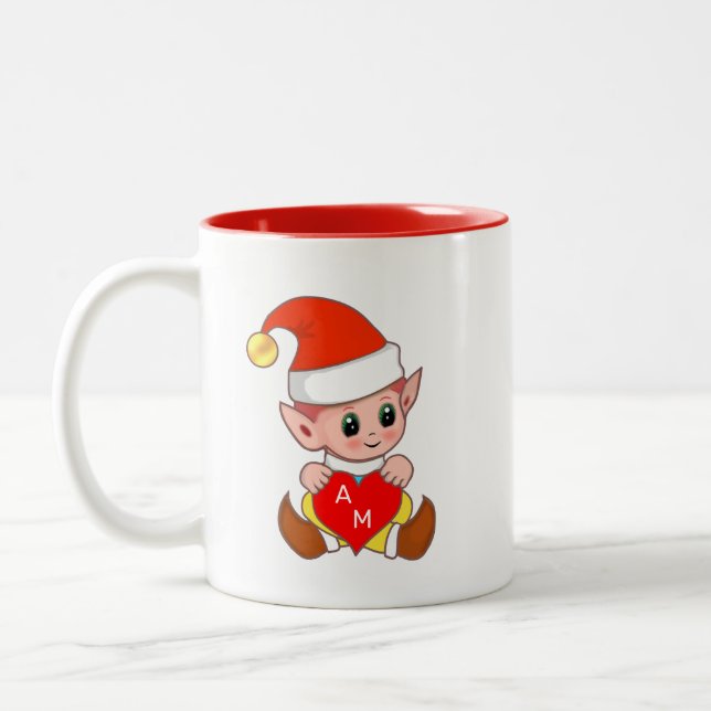 Tasse 2 Couleurs Valentine Elf avec coeur et monogramme (Gauche)