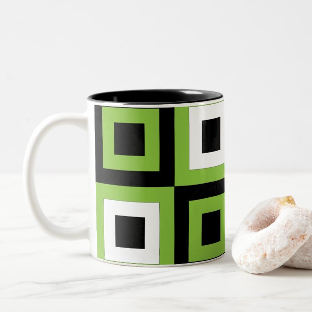 Tasse 2 Couleurs Vert blanc noir Carrés géométriques (Avec donut)