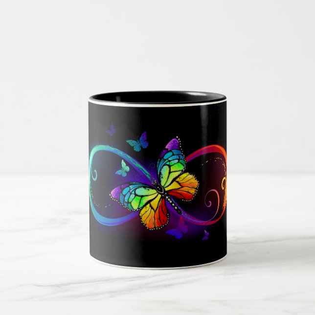 Tasse 2 Couleurs Vibrant infinity with rainbow butterfly on black (Centre)