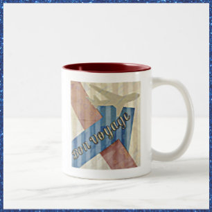 Tasse 2 Couleurs Vintage look Beige Rouge & Bleu Abstrait Bon Voyag