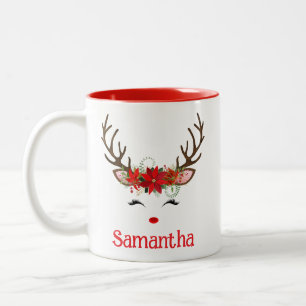Tasse 2 Couleurs Visage de renne mignon festif avec poinsettia