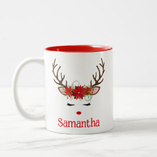 Tasse 2 Couleurs Visage de renne mignon festif avec Poinsettia