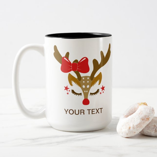Tasse 2 Couleurs Visage personnalisé de rennes de Noël (Avec donut)