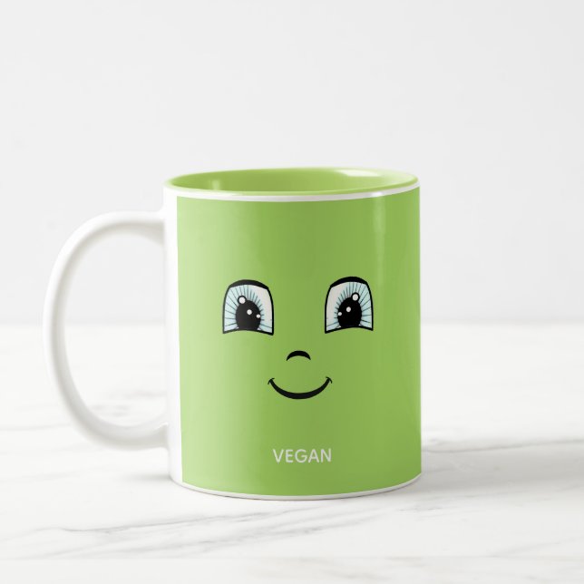 Tasse 2 Couleurs Visage Vert Heureux avec Texte Végan & Monogramme (Gauche)