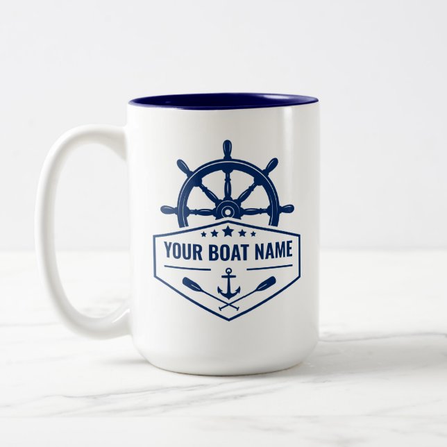 Tasse 2 Couleurs Votre nom de bateau Oars Ancres nautiques Helm Lar (Gauche)