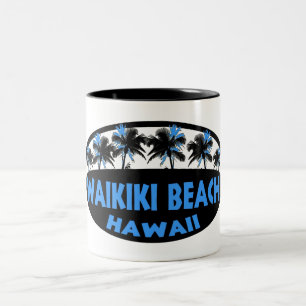 Tasse 2 Couleurs Waikiki Beach Hawaii bleu palmiers noirs