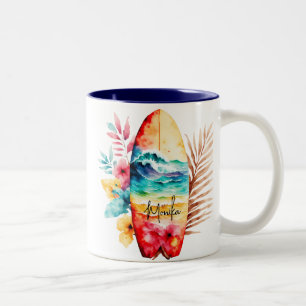 Tasse 2 Couleurs Watercolor Colorful Surfboard dans l'Ocean Wave