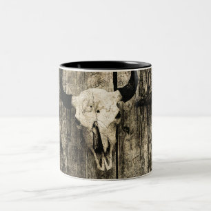 Tasse 2 Couleurs Western Bull Skull Wood Barn Sepia Vintage Russe