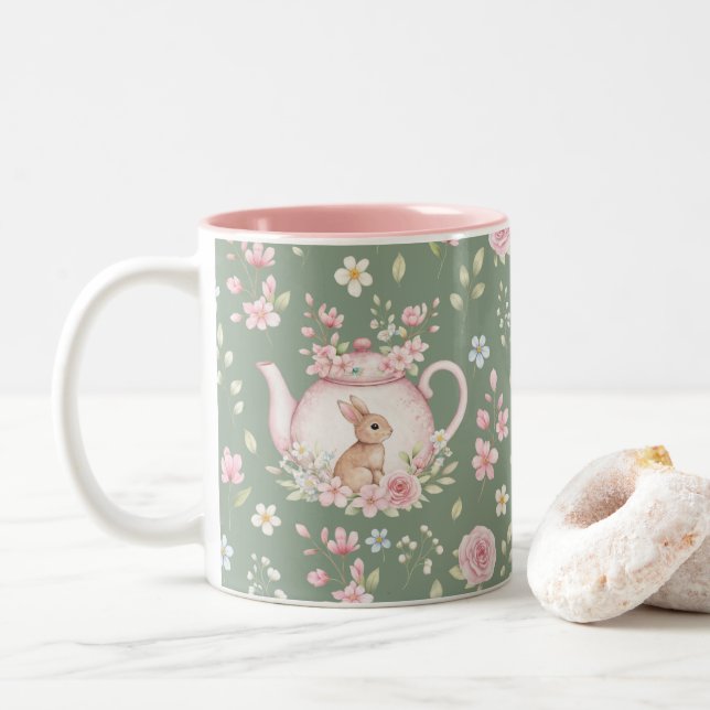 Tasse 2 Couleurs Whimsical Bunny Teapot Floral Spring  (Avec donut)