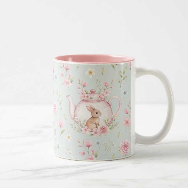 Tasse 2 Couleurs Whimsical Bunny Teapot Floral Spring  (Droit)