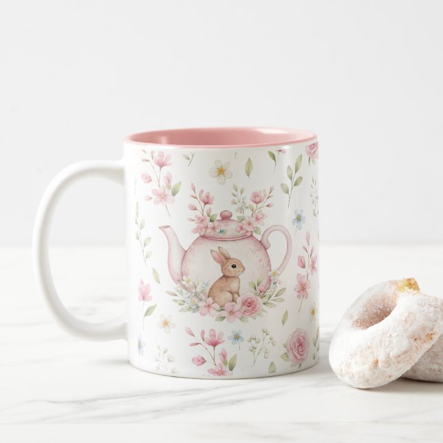 Tasse 2 Couleurs Whimsical Bunny Teapot Floral Spring  (Avec donut)