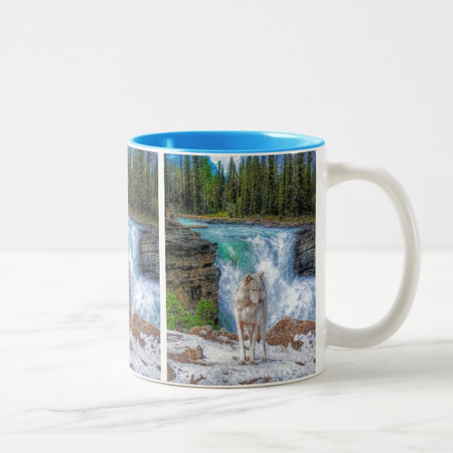 Tasse 2 Couleurs White Wolf & Rocky Mountain Waterfall Wildlife Art (Droit)