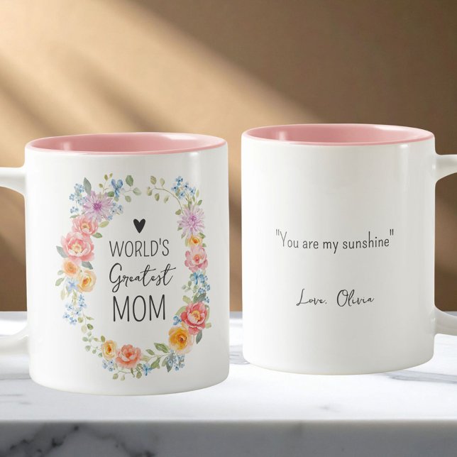 Tasse 2 Couleurs World's Greatest Mom Personalized Quote Floral (Créateur téléchargé)