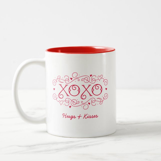 Tasse 2 Couleurs XOXO Hugs embrasse la Saint Valentin personnalisée (Gauche)
